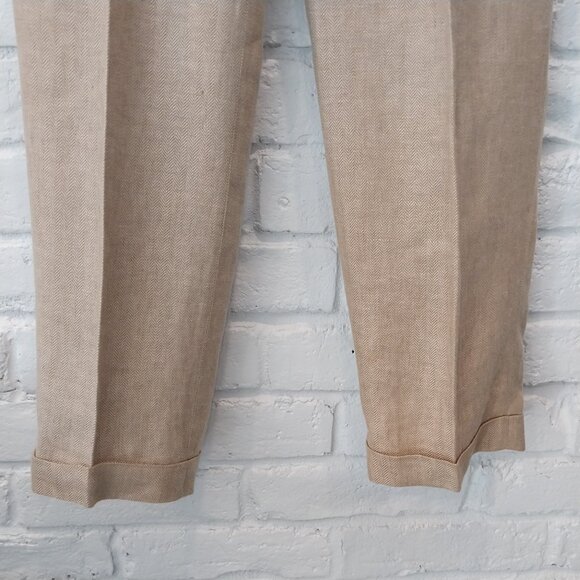 346 Brooks Brothers 100% Linen Pants Men 32x30 Dark Beige Tan Herringbone Cuffed - Picture 5 of 13
